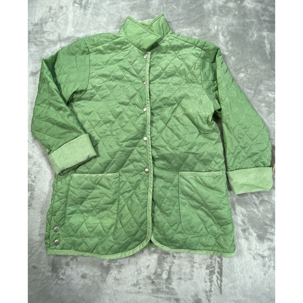 Cherokee Quilted Barn Jacket Womens L Green Nylon Corduroy Trim Snap Front NEW